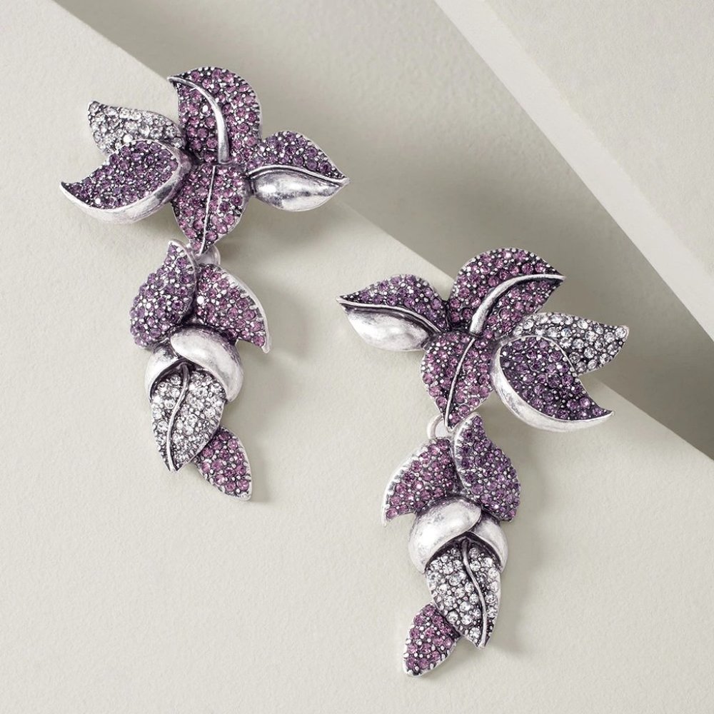 WHBM * LAST ONE! * Pavé Rhinestone Statement Earrings Purple Lavender 3D Flowers